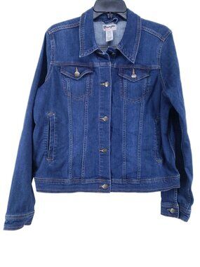 Wrangler Denim Trucker Jacket Womens Size L Long Sleeve Loose Fit Casual Solid B